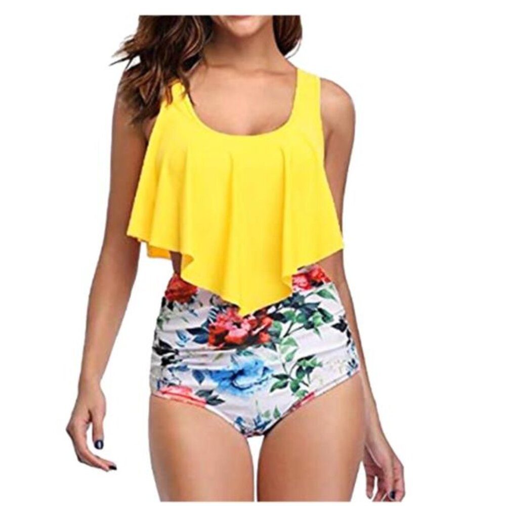 NEW Marinavida 2 Piece Bikini Ruffle Top Floral High Waisted Bottoms Women's L